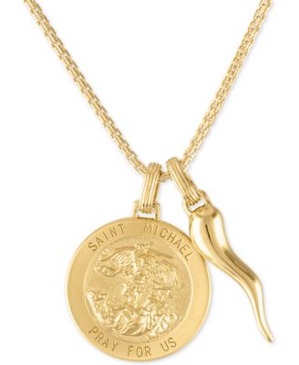 Esquire Men's Jewelry - Men's St. Michael Medallion & Horn 24" Pendant Necklace in 14k Gold-Plated Sterling Silver