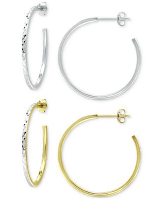 Macy's - 2-Pc. Set Textured Medium Hoop Earrings in Sterling Silver & 18k Gold-Plate, 1-1/4"