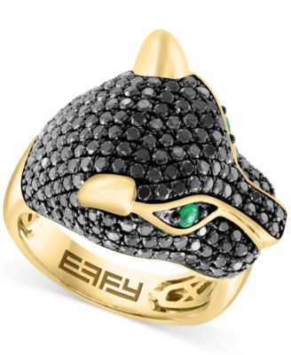EFFY Collection - Black Diamond (1-3/4 ct. t.w.) & Emerald (1/10 ct. t.w.) Panther Head Ring in 14k Gold