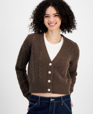 Sugar Moon - Juniors' Cable-Knit Bling-Button Cardigan Sweater