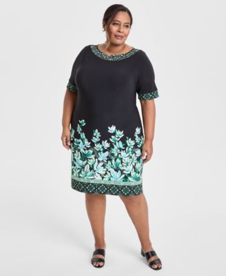 JM Collection - Plus Size Border-Print Short-Sleeve Shift Dress