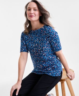 Style & Co - Women's Wildflower Boat-Neck Elbow-Sleeve Top
