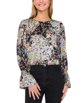 CeCe - Women's Floral-Print Smocked-Cuff Blouse