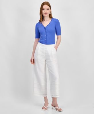 T Tahari - Women's Eyelet-Trim Cropped Pull-On Pants