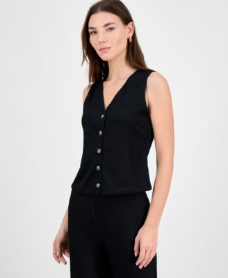 Bar III - Women's Textured Knit V-Neck Button-Front Vest