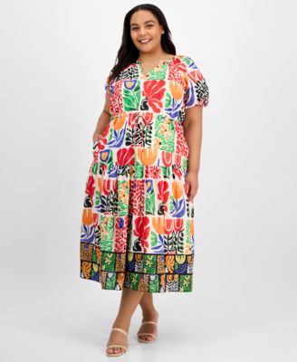 julia jordan - Plus Size Puff-Sleeve Printed Midi Dress