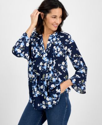 Style & Co - Women's Floral-Print Pleated 3/4-Sleeve Top