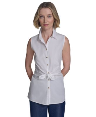 Halston - Women's Cotton Tie-Waist Button-Front Sleeveless Blouse