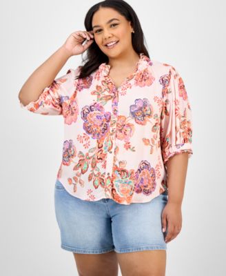 Democracy - Trendy Plus Size Floral-Print Ruffle-Trim Blouse