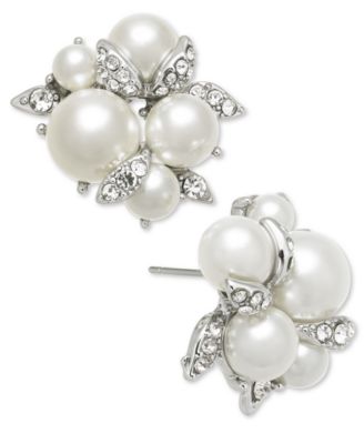 Charter Club - Silver-Tone Pav&eacute; & Imitation Pearl Cluster Button Earrings