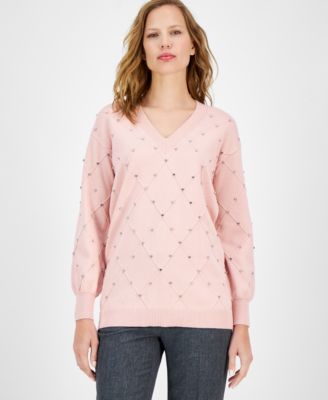 Anne Klein - Women's Rhinestone V-Neck Sweater