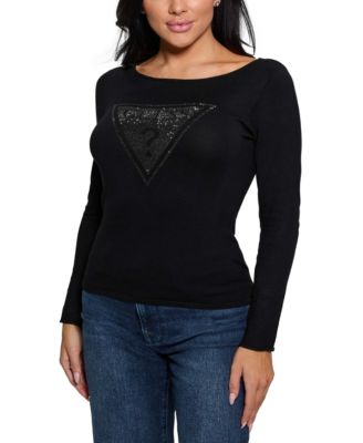 GUESS - Women's Eliza Rhinestone-Logo Boat-Neck Sweater