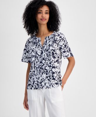 Tommy Hilfiger - Women's Floral-Print Linen-Blend Pintucked Top