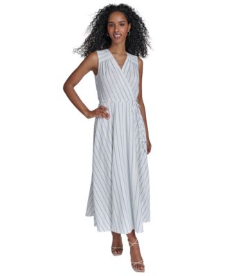 Calvin Klein - Women's Striped Faux-Wrap Maxi Dress