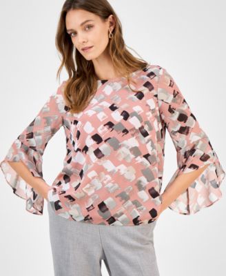 Kasper - Women's Printed Bell-Sleeve Blouse