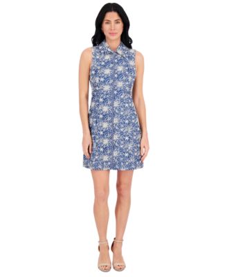 kensie - Women's Embroidered Denim Collared Sheath Dress