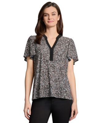 Jones New York - Women's Printed Split-Neck Flutter-Sleeve Top