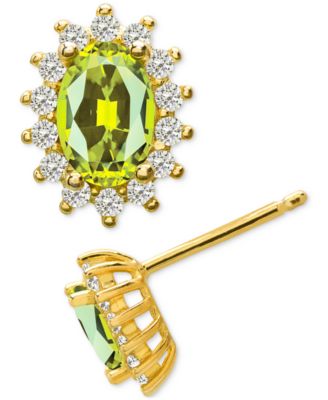 Macy's - Peridot (1 ct. t.w.) & Lab Grown White Sapphire (1/8 ct. t.w.) Oval Stud Earrings in 14K Gold over Sterling Silver