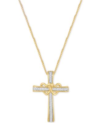 Macy's - Diamond Double Heart Cross Pendant Necklace (1/10 ct. t.w.) in 14k Gold-Plated Sterling Silver
