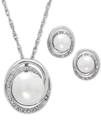 Macy's - Cultured Freshwater Pearl (7 & 8mm) and Diamond Accent Pendant Necklace and Matching Stud Earrings Set in Sterling Silver
