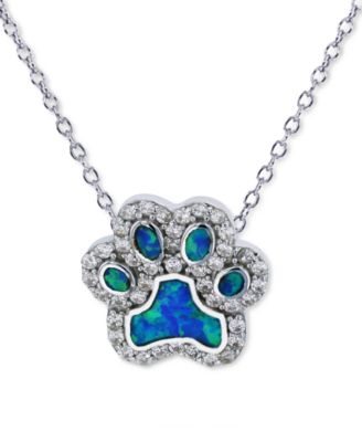 Macy's - Lab-Grown Blue Opal & Cubic Zirconia Paw 18" Pendant Necklace in Sterling Silver