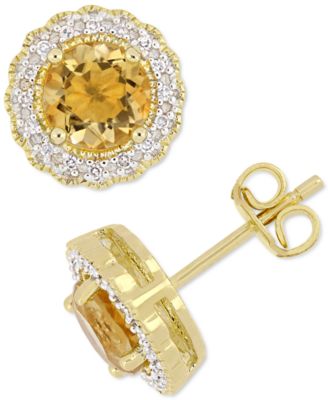Macy's - Citrine (1-1/2 ct. t.w.) & Diamond (1/10 ct. t.w.) Halo Stud Earrings in 18k Gold-Plated Sterling Silver
