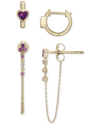 Macy's - 2-Pc. Set Amethyst (5/8 ct. t.w.) & Lab-grown White Sapphire (1/20 ct. t.w.) Hoop & Chain Drop Earrings in 14k Gold-Plated Sterling Silver