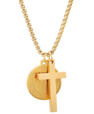 STEELTIME - Men's 18k Gold-Plated Stainless Steel Cross and St. Benedict Religious 24" Pendant Necklace