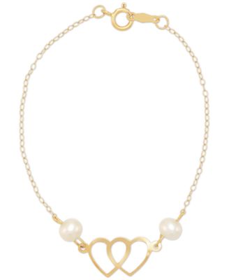 Macy's - Cultured Freshwater Pearl (4-1/2mm) Double Heart Link Bracelet in 14k Gold-Plated Sterling Silver