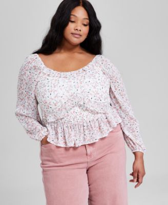 And Now This - Trendy Plus Size Printed Ruffled Blouson-Sleeve Top, Exclusively at Macy's