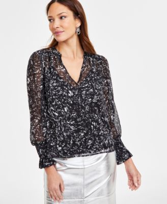I.N.C. International Concepts - Women's Printed Long-Sleeve Femme Sheer Blouse