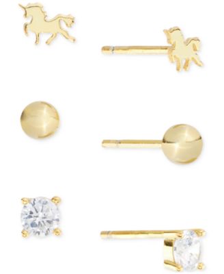 Macy's - Cubic Zirconia, Bead & Horse 3-Pc. Set Stud Earrings (7/8 ct. t.w.) in 14k Gold Over Sterling Silver (also in Sterling Silver)   (