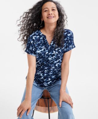 Style & Co - Women's Printed Split-Neck Knit Camp Shirt