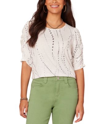Democracy - Petite Printed Ruched-Sleeve Scoop-Neck Top