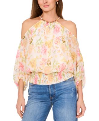 Sam & Jess - Women's Printed Cold-Shoulder Halter-Neck Blouse