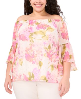 MSK - Plus Size Printed Off-The-Shoulder Chiffon Blouse