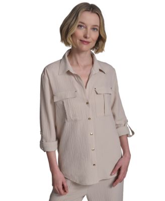 Halston - Women's Collared Roll-Tab Button-Up Shirt