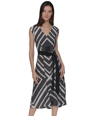 KARL LAGERFELD PARIS - Women's Geo-Print Belted V-Neck Midi Dress