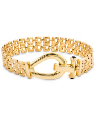Italian Gold - Black Spinel Horseshoe Clasp Panther Link Bracelet in 14k Gold-Plated Sterling Silver