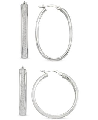 Macy's - 2-Pc. Set Glitter Oval & Round Hoop Earrings in Sterling Silver
