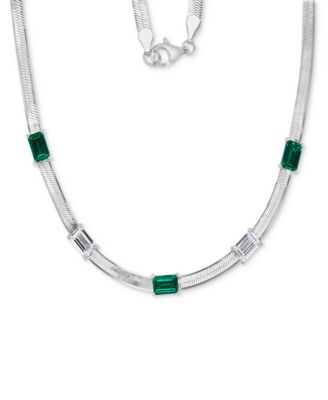 Macy's - Lab-Grown Emerald (1-3/4 ct. t.w.) & Lab-Grown White Sapphire (1-3/8 ct. t.w.) Herringbone 18" Collar Necklace in Sterling Silver (Also in Lab-Grown Blue Sapphire)
