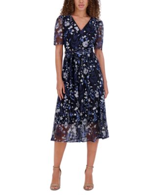 kensie - Women's Embroidered Mesh Tie-Waist Midi Dress