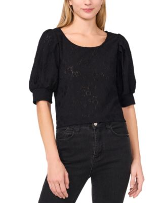 CeCe - Women's Round-Neck Shirred Short-Sleeve Top