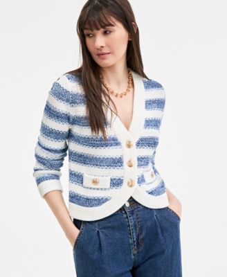 On 34th - Women's Cotton Striped Curved-Hem Cardigan