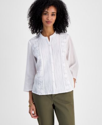 Tommy Hilfiger - Women's Embroidered Gauzy Pintucked Cotton Top