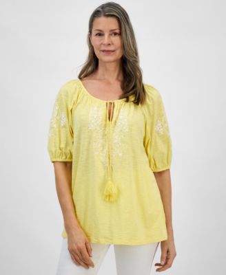 Style & Co - Women's Embroidered Split-Neck Tasseled-Tie Top