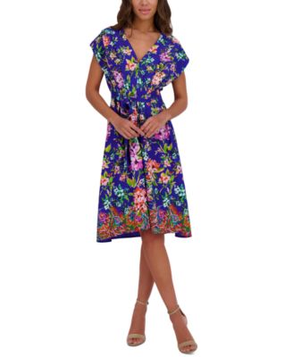 kensie - Women's Printed V-Neck Smocked-Back A-Line Dress