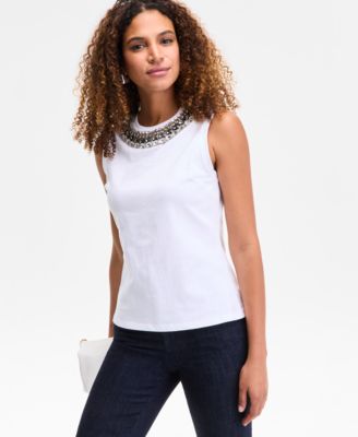I.N.C. International Concepts - Women's Embellished-Neckline Cotton Tank Top