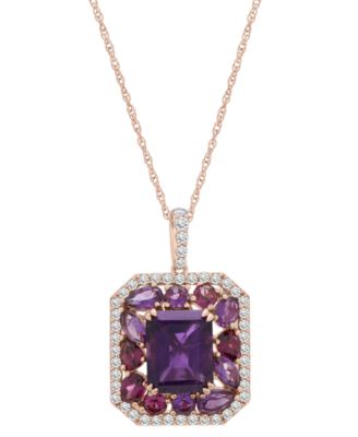 Macy's - Amethyst (4-1/20 ct. t.w.), Rose de France Amethyst (7/8 ct. t.w.) & Diamond (1/2 ct. t.w.) Halo 18" Pendant Necklace in 14k Rose Gold