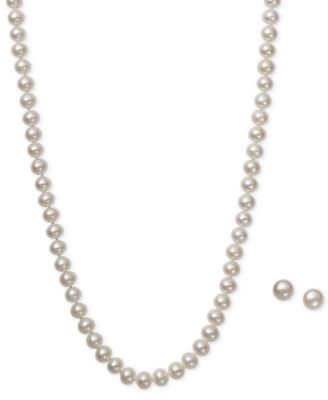 Macy's - White Cultured Freshwater Pearl (6mm) Necklace and Matching Stud (7-1/2mm) Earrings Set